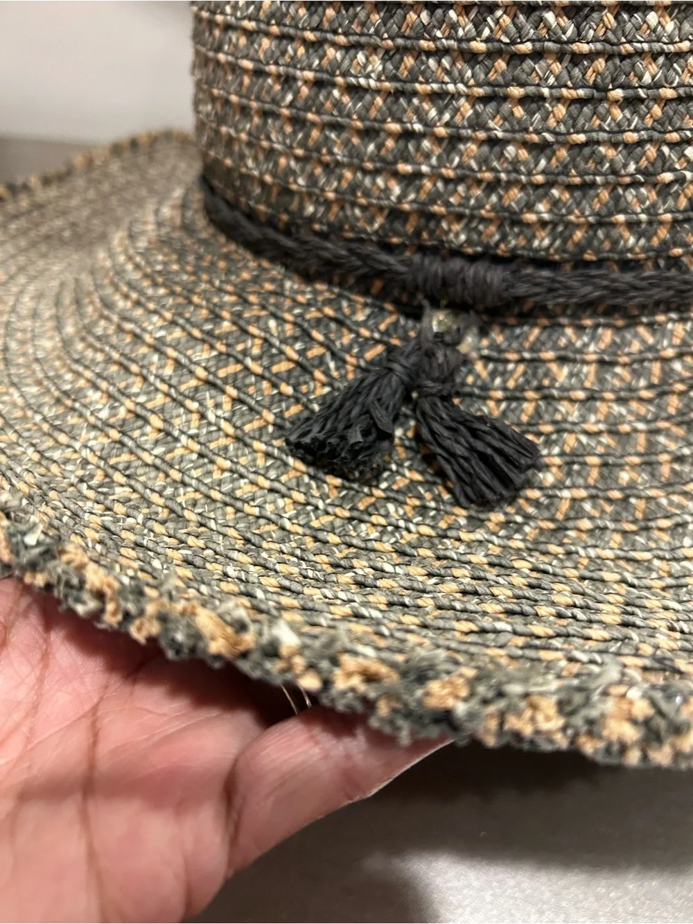 Wide Brim Woven Sun Hat with Tassel Band - Black/Beige